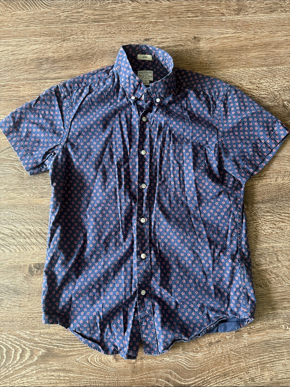 J. Crew Navy Short-Sleeve Button-Down Shirt with Pink Micro Pattern